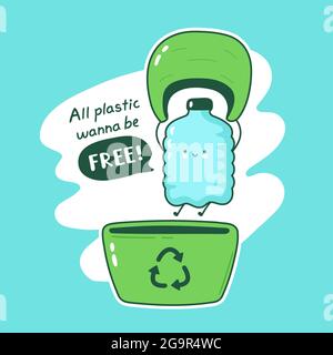 Tout en plastique wanna être carte gratuite. Illustration de personnage de dessin animé vectoriel. Adorable drôle de personnage de dessin animé de bouteille en plastique heureux. Écologie, réutilisation des déchets, concept de recyclage Illustration de Vecteur