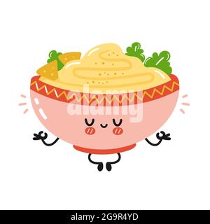 Adorable drôle de personnage de bol hummus traditionnel méditer. Icône d'illustration de personnage de dessin animé kawaii à plan vectoriel. Isolé sur fond blanc. Bol hummus, concept de personnage de dessin animé de la nourriture arabe Illustration de Vecteur