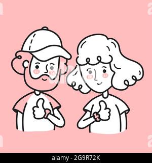 Jeune heureux sourire barbu homme et femme montrant le pouce vers le haut. Illustration du personnage de dessin animé Doodle vectoriel. Isolé sur fond blanc. Homme et femme, garçon, fille montrent les pouces vers le haut, concept d'expression positive Illustration de Vecteur