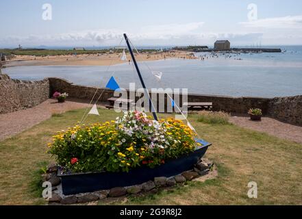 Exposition florale dans un jardin en bord de mer à Elie, Fife, Écosse. Banque D'Images