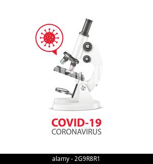 Covid-19, bannière du coronavirus. Vector 3d Realistic White Laboratory microscope et virus, bactéries. Chimie, outil de biologie. Science, Laboratoire, recherche Illustration de Vecteur