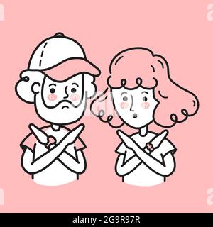 Un jeune homme et une jeune femme croisant les bras et ne disant aucun geste. Illustration du personnage de dessin animé Doodle vectoriel. Personne faisant la forme X, signe d'arrêt avec les mains et expression négative Illustration de Vecteur