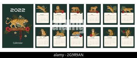 Illustration vectorielle a4 imprimable de dessin animé de calendrier Tiger. Motif tropical animal sauvage nouvel an chinois. Symbole Noël 2022 Illustration de Vecteur