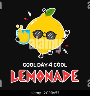 Un joli citron avec un verre de limonade dans des lunettes de soleil. Affiche de citation avec texte « Cool Day for Cool limonade ». Illustration de personnage de dessin animé vectoriel. Affiche, carte, t-shirt imprimé dans le style rock dur, punk, métal lourd Illustration de Vecteur