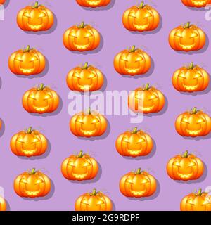 Lanterne de citrouille orange avec visage souriant sculpté pour Halloween sur fond violet motif sans couture. Arrière-plan de vacances vectoriel avec symboles de vacances Illustration de Vecteur