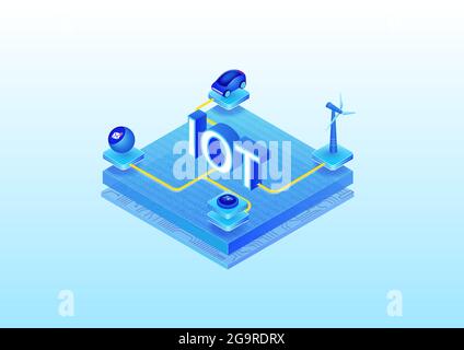 CONCEPT Internet DES objets IOT. illustration vectorielle isométrique 3d des appareils connectés tels que la voiture autonome, l'éolienne, le haut-parleur intelligent, le therm intelligent Illustration de Vecteur