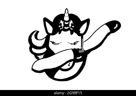 Mignon, personnages de dessin animé, unicorn making dap pose, illustration couleur noir blanc Banque D'Images