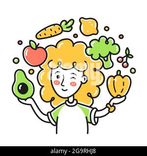 Jeune femme jongle avec des fruits et des légumes. Illustration du personnage de dessin animé Doodle vectoriel. Isolé sur fond blanc. Femme fille sur l'alimentation, aliments de légumes sains, végétalien, végétarien doodle concept Illustration de Vecteur