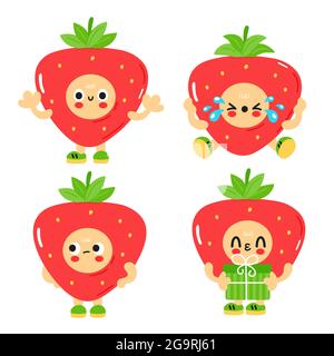 Collection Cute Funny Strawberry with baby face Set. Dessin animé vectoriel kawaii personnage illustration enfants emoji icône. Isolé sur fond blanc. Affiche enfant fraise, carte dessin animé concept de personnage Illustration de Vecteur