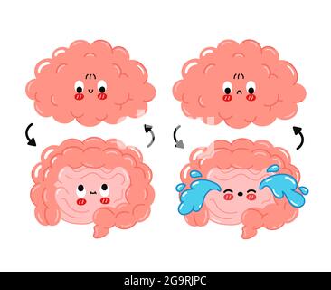 Mignon drôle heureux, triste intestin humain, connexion de cerveau.Vector caricature kawaii personnage illustration icône.isolé sur fond blanc.cerveau, intestin partenaires, nerf dessin animé Doodle personnage concept Illustration de Vecteur