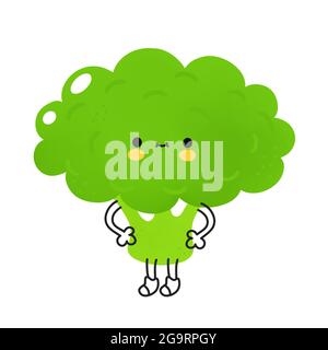 Joli brocoli amusant légume avec le visage. Dessin animé vectoriel kawaii Doodle icône d'illustration de personnage. Brocoli vert légume dessin personnage mascotte concept. Isolé sur fond blanc Illustration de Vecteur