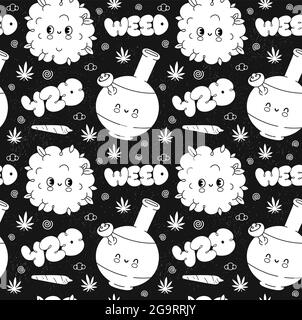 Drôle mignon rétro herbe marijuana vintage sans coutures motif. Illustration de personnage de dessin de personnage de dessin animé kawaii à la main. Triple, adventices, 420 vintage rétro dessin animé sans couture concept Illustration de Vecteur