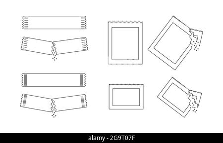 Différents sachets de contour avec du sucre, du sel ou du poivre. Ensemble de paquets de poudre soluble entiers et versés. Contour modifiable. Icônes de traits fins. Illustration linéaire vectorielle. Illustration de Vecteur