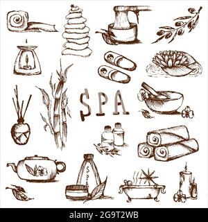 Kit d'illustrations pour le salon de spa. Bougies, huiles, épilation. Soins de beauté et détente au spa pour le vecteur bien-être. Ensemble d'attributs spa dessiné à la main. Illustration de Vecteur