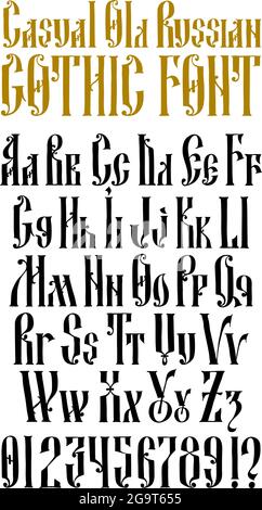 Alphabet complet de la police gothique russe ancienne. Vecteur. Lettre latine. Style néo-russe du 17-19e siècle. Police anglaise. Stylisé sous le GRE Illustration de Vecteur