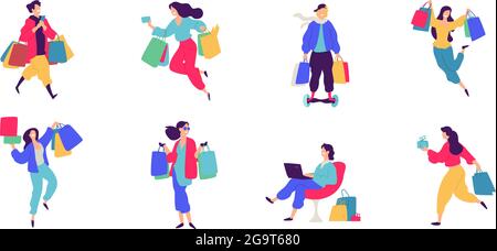 Illustration de personnages de shoppers joyeux. Vecteur. Des gens heureux avec des achats. Acheteurs avec des marchandises et des paquets. Chaque héros est isolé sur un dos blanc Illustration de Vecteur