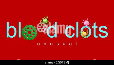 CAILLOTS SANGUINS, troubles de la coagulation. Coagulation inhabituelle. Épidémie pandémique. Roues dentées. Infections à coronavirus. Image du virus. Arrière-plan de couleur unie. Banque D'Images