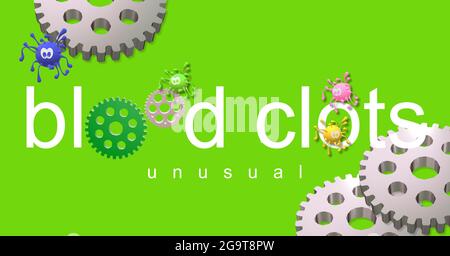 CAILLOT DE SANG, troubles de coagulation. Coagulation inhabituelle. Épidémie pandémique. Roues dentées. Infections à coronavirus. Image du virus. Arrière-plan de couleur unie. Banque D'Images