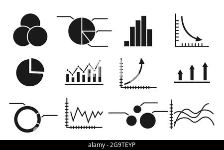 Graphiques, graphiques marketing, infographies commerciales, différents diagrammes, modèle de présentation et ensemble d'analyses financières. Collection d'icônes de glyphes à silhouette plane et vectorielle isolée sur fond blanc Illustration de Vecteur