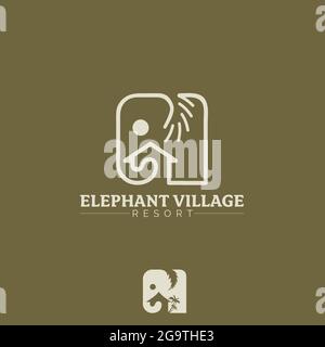 Symbole de vecteur de village d'éléphant, la forme moderne simple de l'éléphant combiné avec la forme de la maison et le palmier Illustration de Vecteur