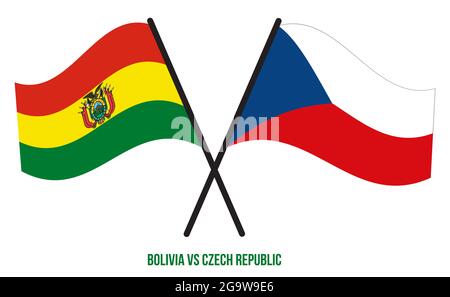 La Bolivie et la République tchèque ont traversé des drapeaux et ont fait des signes de style plat. Proportion officielle. Corriger les couleurs. Banque D'Images