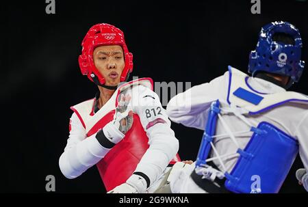 27 juillet 2021 : Hongyi Sun de Chine et Ivan Sapina de Croatie pendant le Taekwondo aux Jeux Olympiques de Tokyo au Makuhari Messe Hall A, Tokyo, Japon. Prix Kim/CSM Banque D'Images