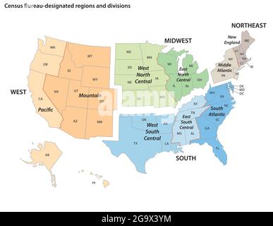 Carte vectorielle des régions et divisions désignées par le bureau de recensement des États-Unis Illustration de Vecteur