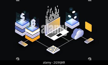 Concept de chaîne de blocs isométrique et de crypto-monnaie. Illustration vectorielle Illustration de Vecteur