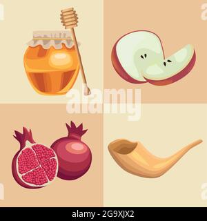 quatre icônes de rosh hashanah Illustration de Vecteur