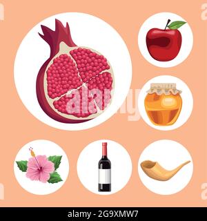 six icônes de rosh hashanah Illustration de Vecteur