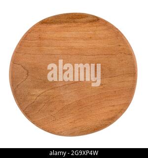 Planche à découper ronde isolée en bois sur fond blanc Banque D'Images