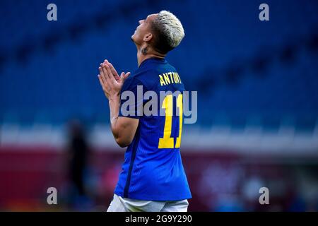 SAITAMA, JAPON - 28 JUILLET : Antony du Brésil réagit lors du match de football olympique de Tokyo 2020 entre l'Arabie saoudite et le Brésil au stade Saitama le 28 juillet 2021 à Saitama, Japon (photo de Pablo Morano/Orange Pictures) Banque D'Images