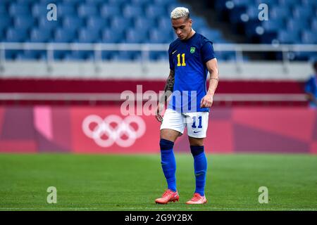 SAITAMA, JAPON - 28 JUILLET : Antony du Brésil semble découragé après avoir concédé son premier but lors du match du tournoi de football olympique de Tokyo 2020 entre l'Arabie Saoudite et le Brésil au stade Saitama le 28 juillet 2021 à Saitama, Japon (photo de Pablo Morano/Orange Pictures) Banque D'Images