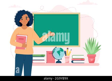 Concept de la journée des enseignants heureux. Enseignante noire en classe. École et apprentissage. Illustration vectorielle mignonne de style dessin animé plat Illustration de Vecteur
