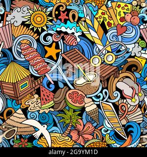 Dessins animés Summer Beach sans coutures. Toile de fond avec symboles et éléments d'été. Arrière-plan coloré et détaillé pour un imprimé sur le tissu, le textile, Illustration de Vecteur