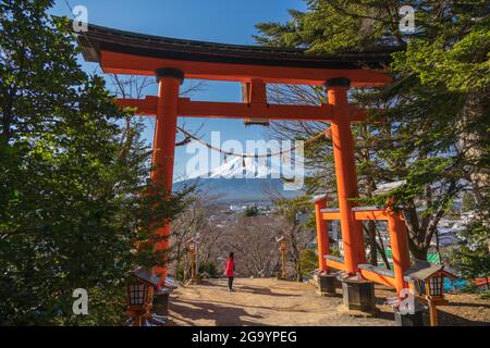 Mont Fuji vue à travers la porte rouge japonaise de Torii. Shinto Shrine et Chureito Pagode dans le parc Arakurayama Sengen, Japon. Banque D'Images