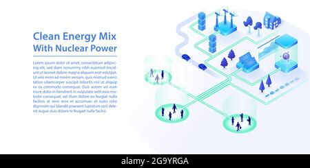 Concept de mélange d'énergie propre et de sources d'énergie renouvelables telles que l'énergie éolienne, nucléaire, solaire. illustration vectorielle isométrique 3d sous forme de bannière web Illustration de Vecteur