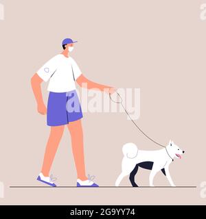 Un jeune homme personnage dans le masque médical de marche avec leur chien. Style de vie urbain après la quarantaine. Nouvelle normale. Illustration vectorielle de style plat activée Illustration de Vecteur