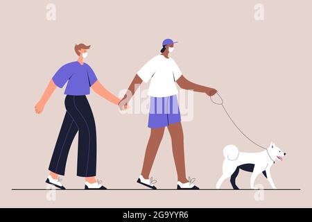 Couple interracial gay dans le masque médical de marche avec leur chien. Style de vie urbain après la quarantaine. Nouvelle normale. Illustration vectorielle de style plat activée Illustration de Vecteur