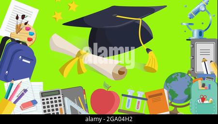 Plusieurs icônes de concept d'école sur fond vert Banque D'Images