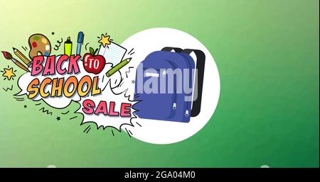 Image du texte de vente de la rentrée scolaire sur les icônes des articles scolaires sur fond vert Banque D'Images