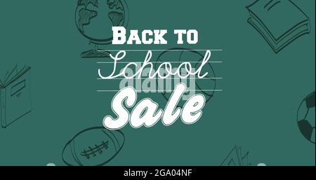 Image du texte de vente de la rentrée scolaire sur les icônes des articles scolaires sur fond vert Banque D'Images