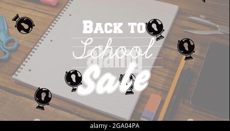 Image du texte de la vente de la rentrée et des icônes des articles de l'école sur le bloc-notes sur le bureau Banque D'Images