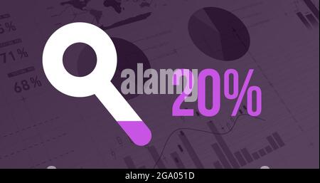 Progression de la recherche avec forme de loupe et pourcentage croissant sur fond violet foncé avec dat Banque D'Images