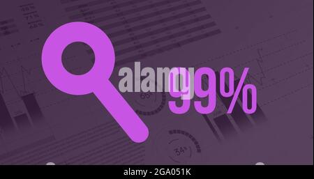 Progression de la recherche avec forme de loupe et pourcentage croissant sur fond violet foncé avec dat Banque D'Images