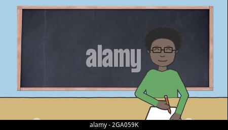 Image de chapeaux de remise de diplômes volant sur le tableau noir et l'écriture d'un garçon d'école sur fond bleu Banque D'Images