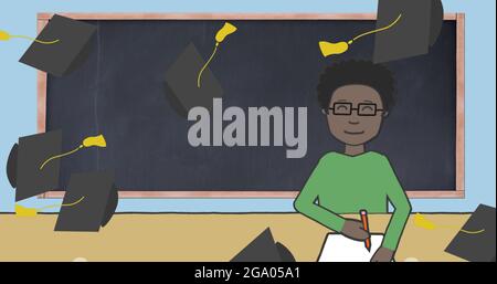 Image de chapeaux de remise de diplômes volant sur le tableau noir et l'écriture d'un garçon d'école sur fond bleu Banque D'Images