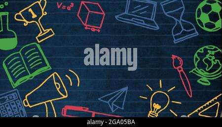 Plusieurs icônes de concept d'école sur fond bleu Banque D'Images