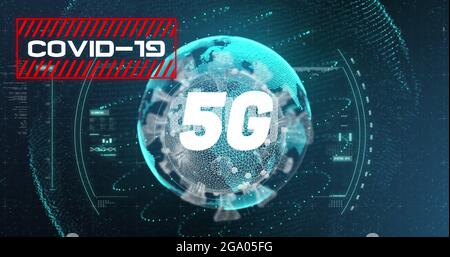 L'oscilloscope balaie plus de 5G texte et de cellules Covid-19 contre le globe rotatif et le traitement des données Banque D'Images