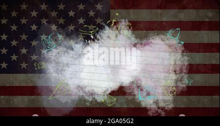 Plusieurs icônes de concept d'école contre le drapeau américain en arrière-plan Banque D'Images